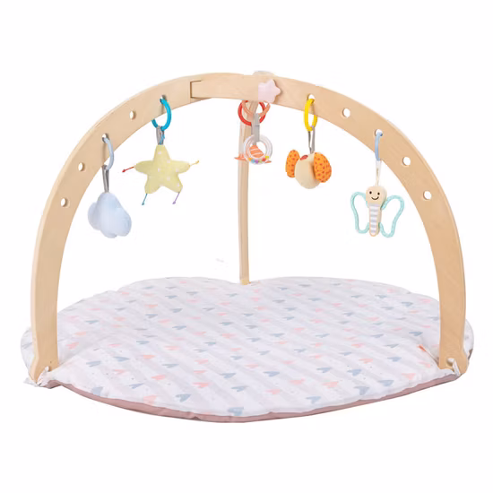 Montessori Wooden Baby Play Gym with Play Mat and 3 Hanging Toys 