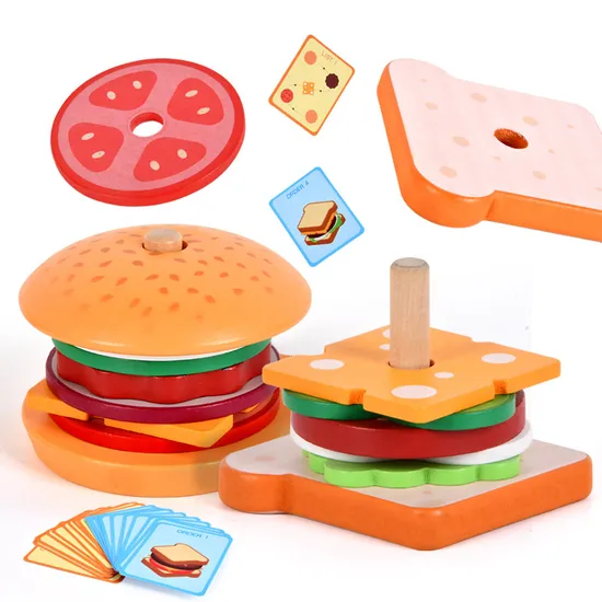 Popular Role Play Wooden Hamburger Sandwich Toys for Kids 