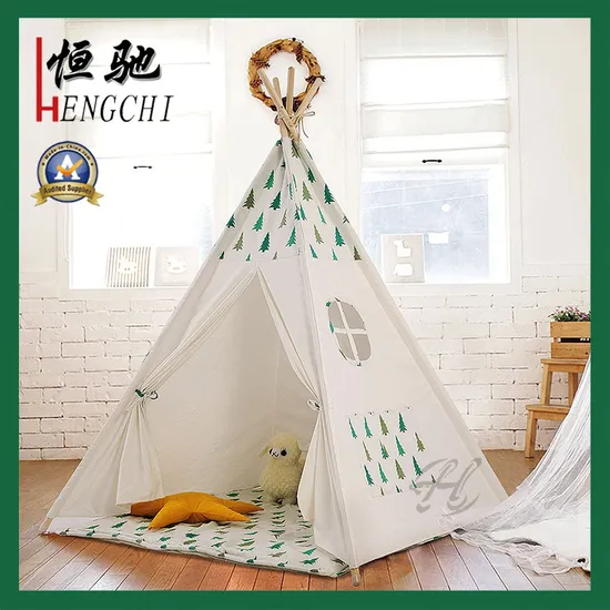 Indoor and Outdoor Children Playing Teepee Tent Cotton Fabric Indian Folding Kids Canvas Tent with Square Pad 